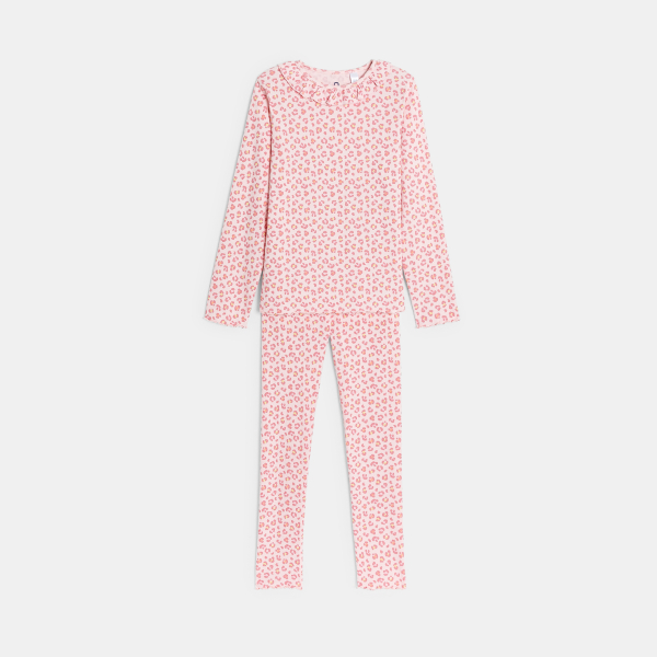 بيجاما قطعتين من الجيرسيه المضلع، وردية اللون، عليها رسم الفهد